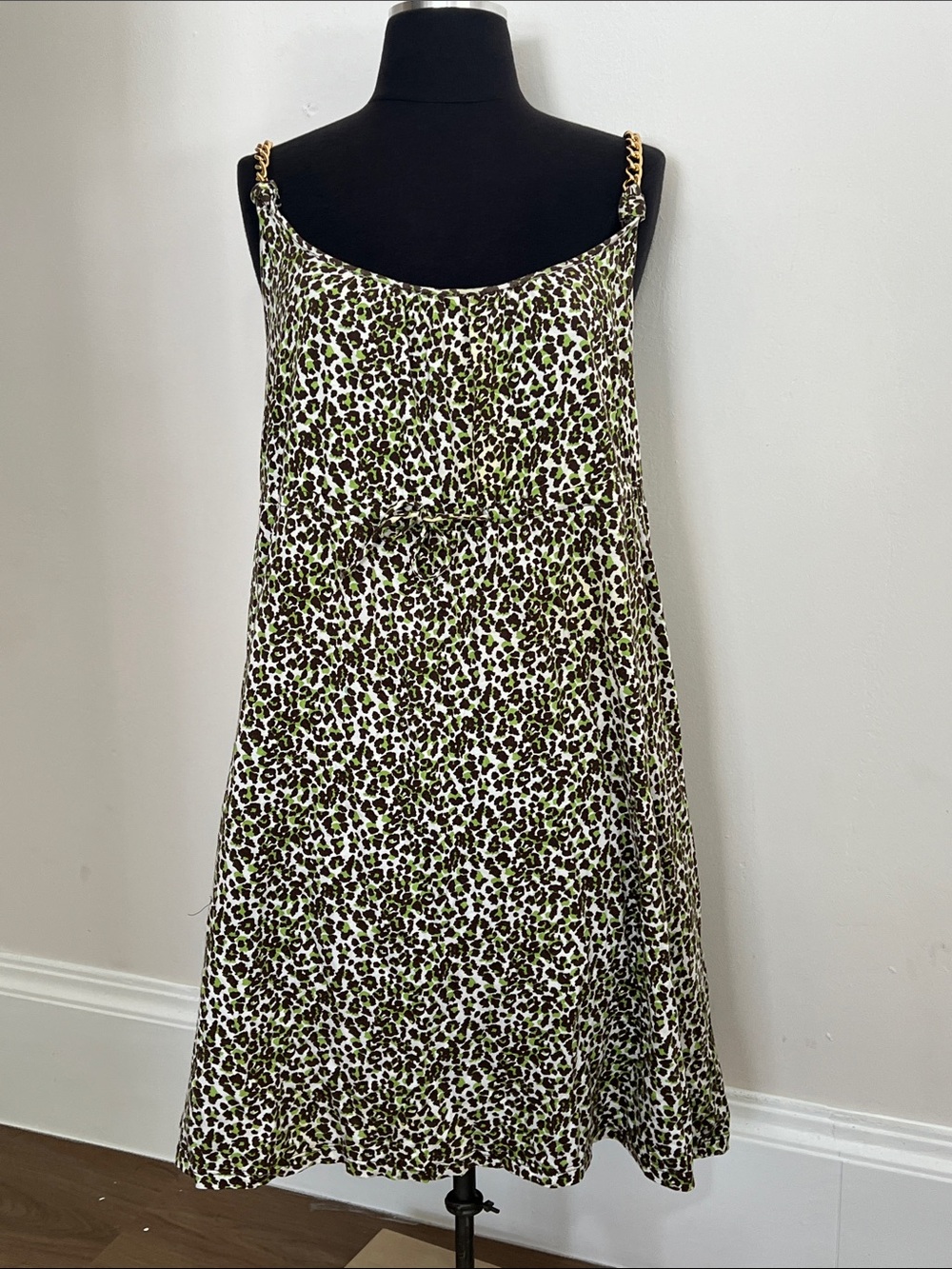 Michael Kors Green, Black, White Leopard Print Slip Dress with Gold Chain Straps